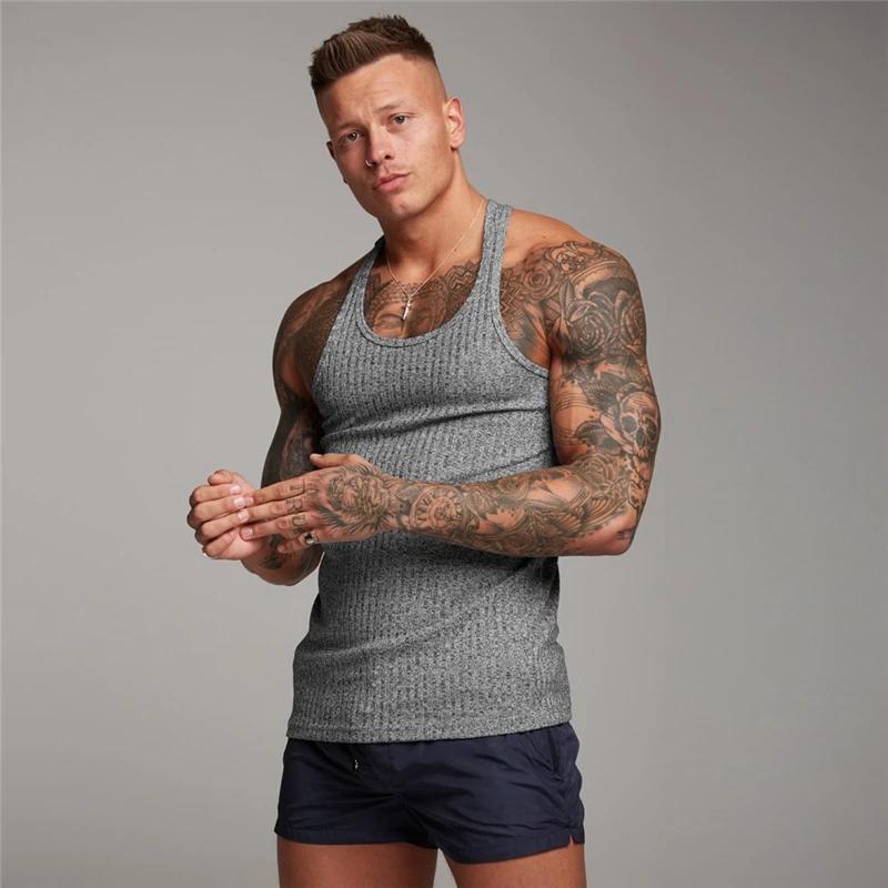 Muscleguys Однотонные летние майки для бега, быстросохнущие, вязаные, майки для зала, фитнеса, без рукавов, в полоску, приталенные, мужская одежда для бодибилдинга