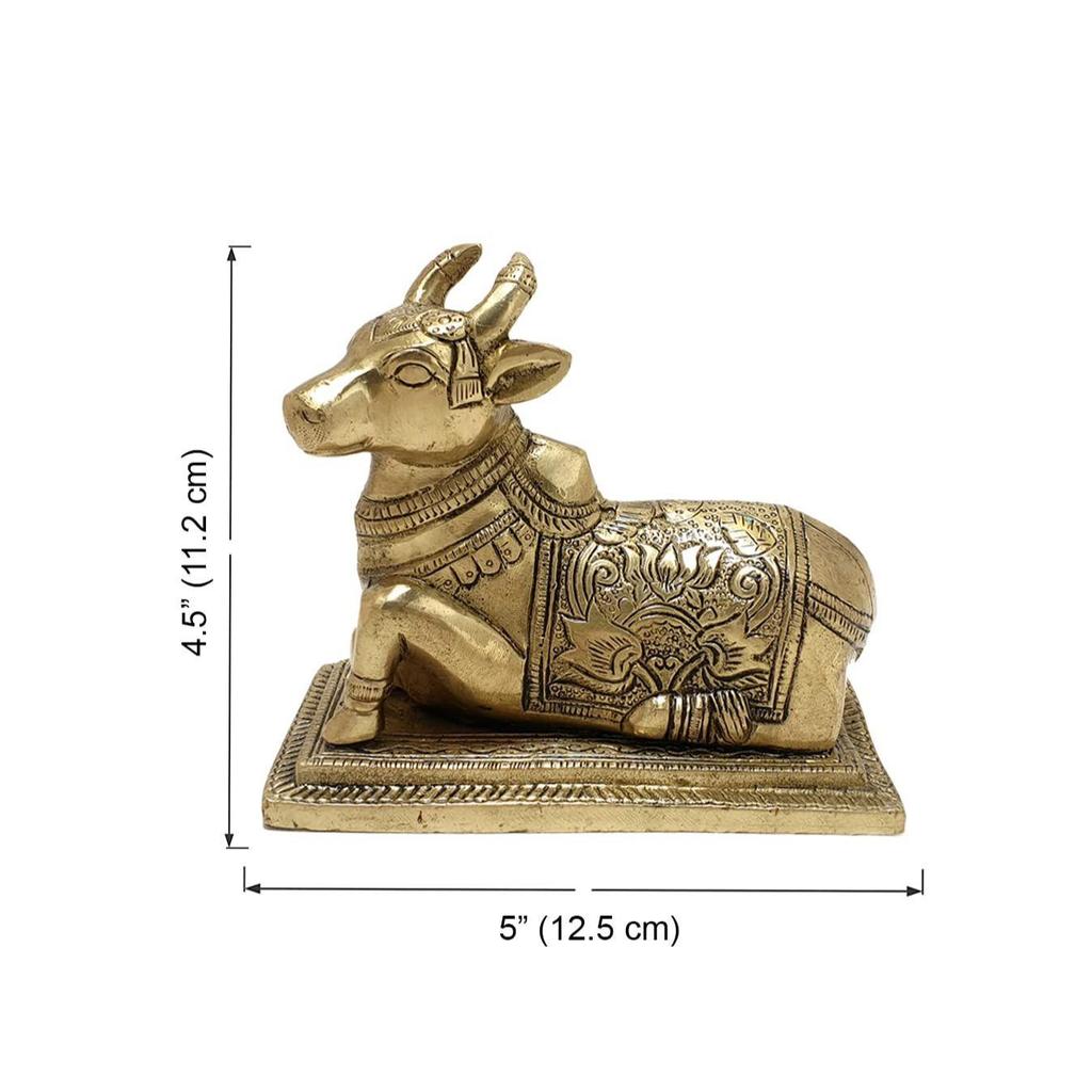 Гравированная в виде лотоса 5-дюймовая латунная статуя коровы Нанди на основании, латунный идол Нанди, статуя Нанди для дома/храма, стандартная, упаковка из 1 шт., Господь Шива, Шива