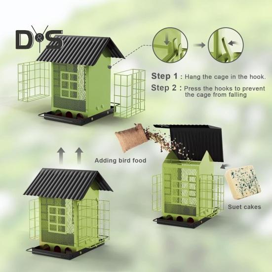 Birds Feeder for Outdoors Hanging Metal Mix Seeds Feeder with Double Suet Cage Outside Wild Birds Feeder for Garden Backyard Decor