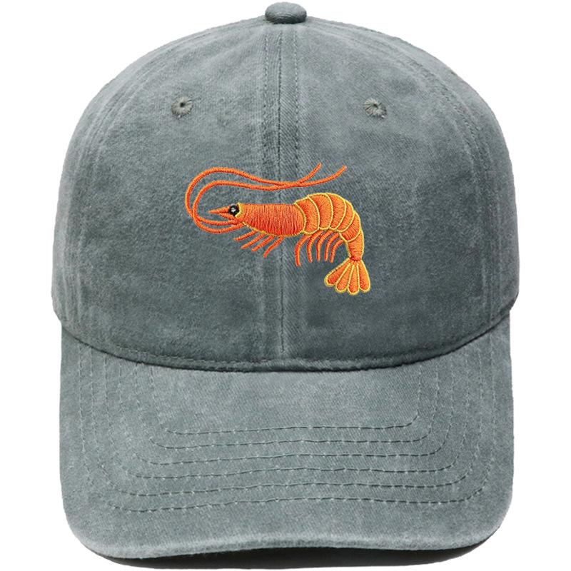 New Cute Orange Shrimp Embroidered Baseball Cap Washed Vintage Ocean Animal Men's and Women's Casual Shade Cap