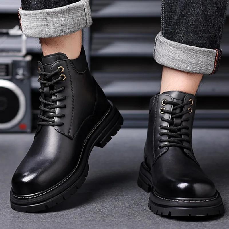 FashionRetro Leather Non-slip Platform Boots for Men Designer Soft-soled Autumn Winter Men's Shoes Fashion  Casual Male Work Boots