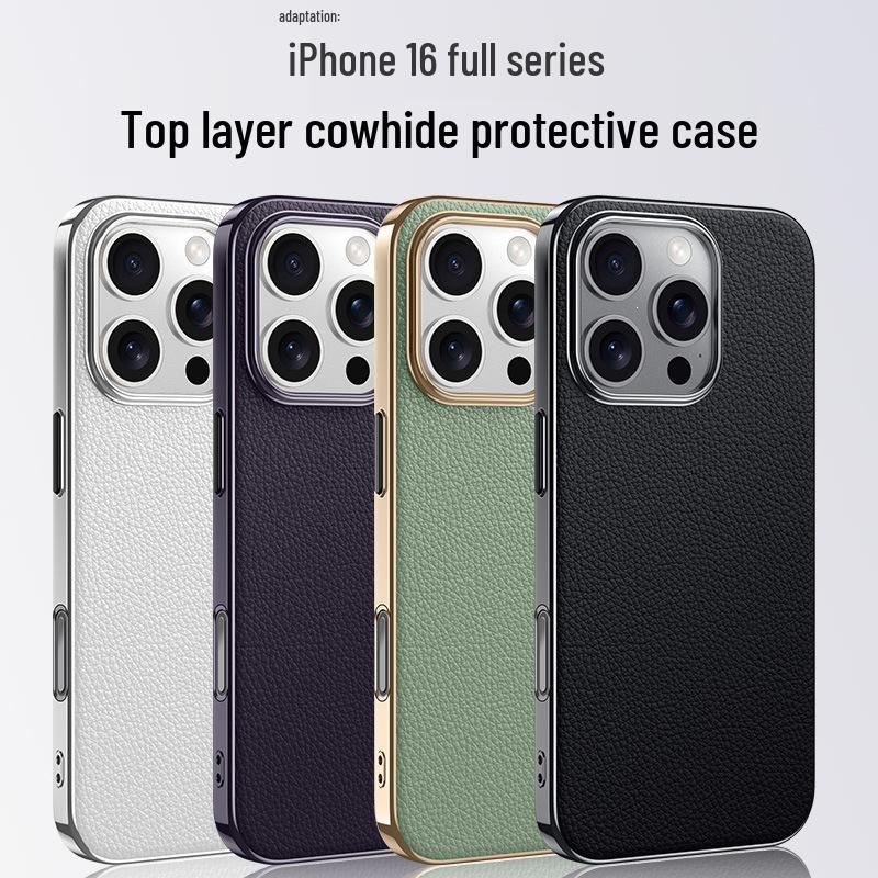 Оригинальный кожаный чехол Apple 16Pro Max для iPhone 15 с металлическим ободком для камеры и гальванизированным высококачественным защитным покрытием