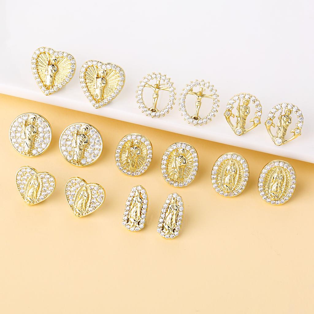 Gold-Color Religious Saint Jude Zirconia Women's Stud Earrings For Women Virgin Mary Believer Ear Jewelry Daily Party Gifts