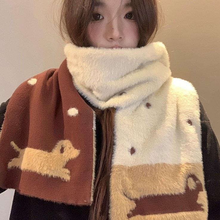 Cartoon puppy double-sided polka dot knitted plush scarf female 1116 autumn and winter Korean atmosphere versatile and warm