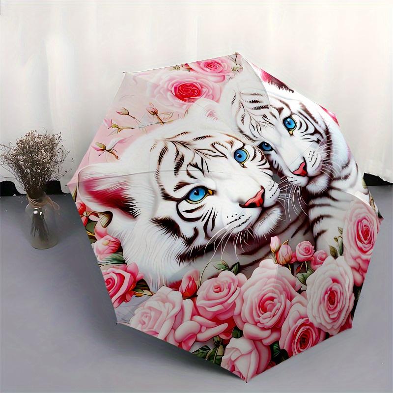 Tiger Cubs Roses Automatic Folding Umbrella 8 Ribs, Durable Iron Frame, Bright Color Pattern Compact Travel Umbrella, Suitable for Outdoor,