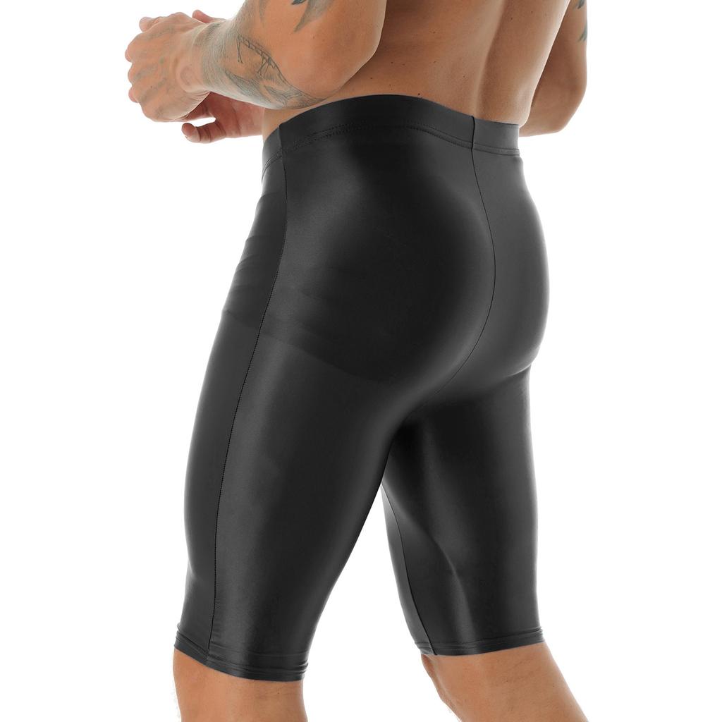 Mens Shiny High Rise Swim Shorts Elastic Waist Sports Bottoms Leggings