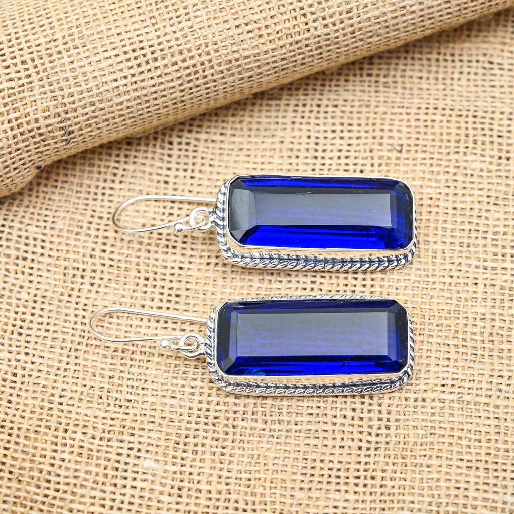 Ювелирные серьги ручной работы из чистого серебра 925 пробы с синим сапфиром, созданный в лаборатории драгоценный камень