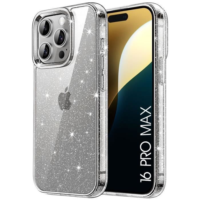 Coque de protection - Silicone - pour iPhone 16 Pro Max - Transparent avec paillettes - Antichoc - Anti-rayures