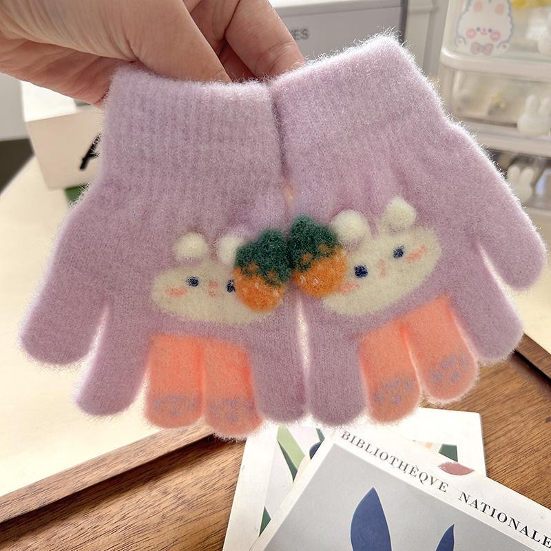 Cartoon Gloves Grass Plum Rabbit Children's Gloves Baby Full Finger Thickened Warm Year Old Full Finger Children New Gloves Cartoon