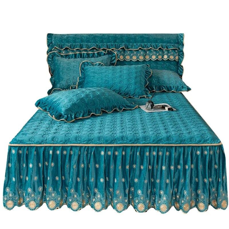 Бархатное покрывало с вышивкой, мягкое покрывало королевского размера, зимняя толстая юбка для королевской кровати с 2 наволочками, домашнее постельное белье