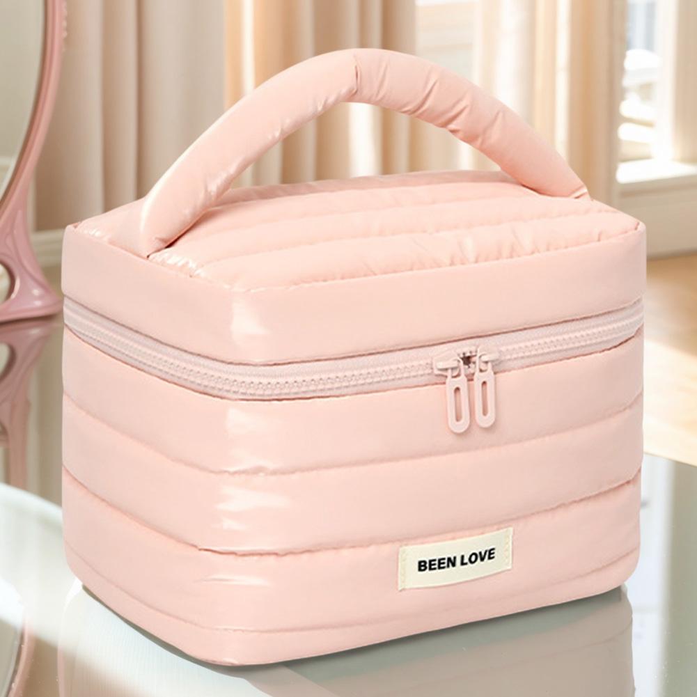 Пухлый стеганый косметический органайзер для женщин, дорожная сумка-органайзер для макияжа, косметичка, большая вместимость, на молнии, с ручкой