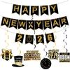 Lucleag 6Pcs New Year Hanging Swirls Decorations & Happy New Year 2026 Banner, Black Gold Hanging Decorations Banner for Ceiling Wall 2026 New Years