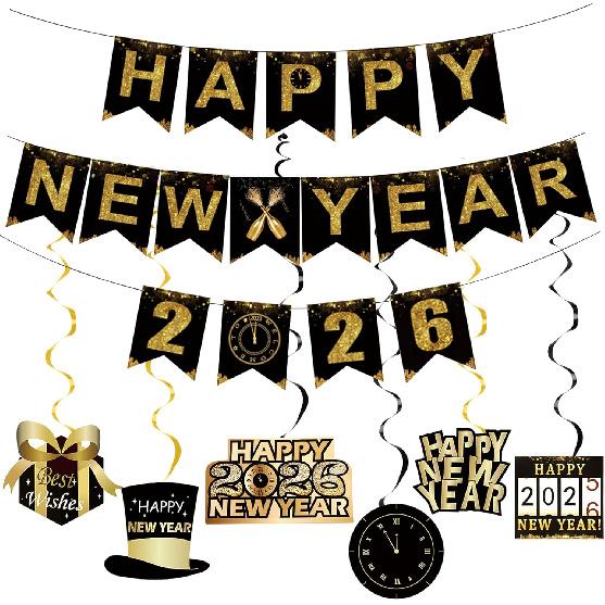Lucleag 6Pcs New Year Hanging Swirls Decorations & Happy New Year 2026 Banner, Black Gold Hanging Decorations Banner for Ceiling Wall 2026 New Years