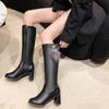 Черные высокие женские сапоги на высоком каблуке, новинка 2024 года, женские сапоги выше колена на массивном каблуке и платформе, зимняя теплая женская обувь Botas Mujer