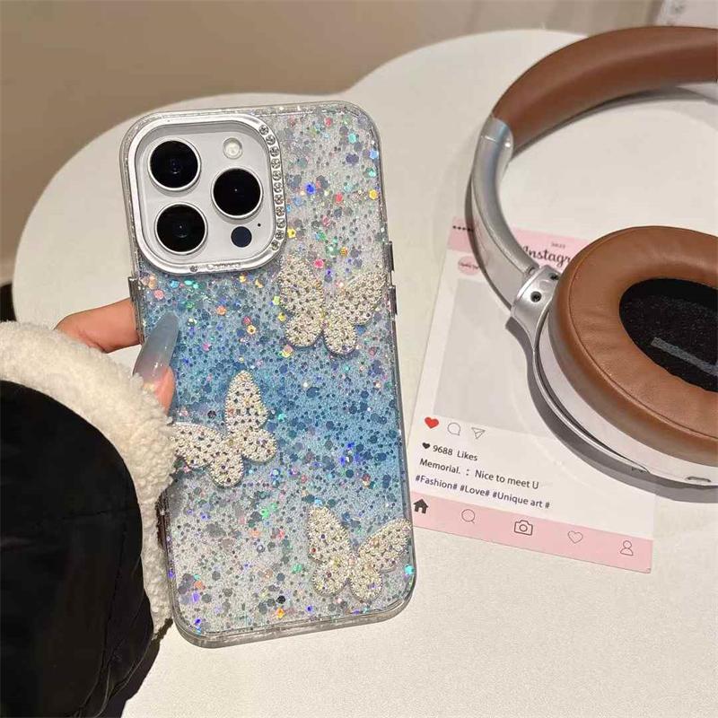 Чехол для iPhone 16 Pro Max Diamond Glitter Butterfly для iPhone 16 15 14 13 12 11 Pro Max Plus Diamond Lens Protection Противоударный чехол