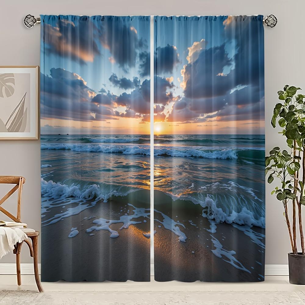 2pcs Tropical Beach Ocean Waves Curtains - Vibrant Sunset Print, Semi-Transparent Polyester, Machine Washable, Perfect for Bedro