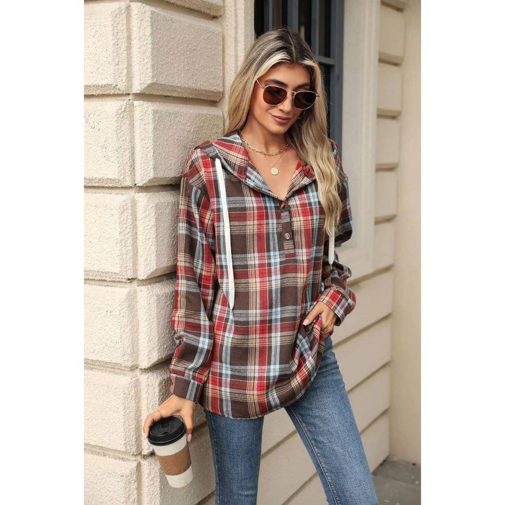 Women Loose Long Sleeve Hooded Button Plaid Pullover Sweatshirt