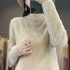 Women's Autumn Winter Thick Wool Sweater - Korean Style Half High Collar, Hollow Out Floral Design