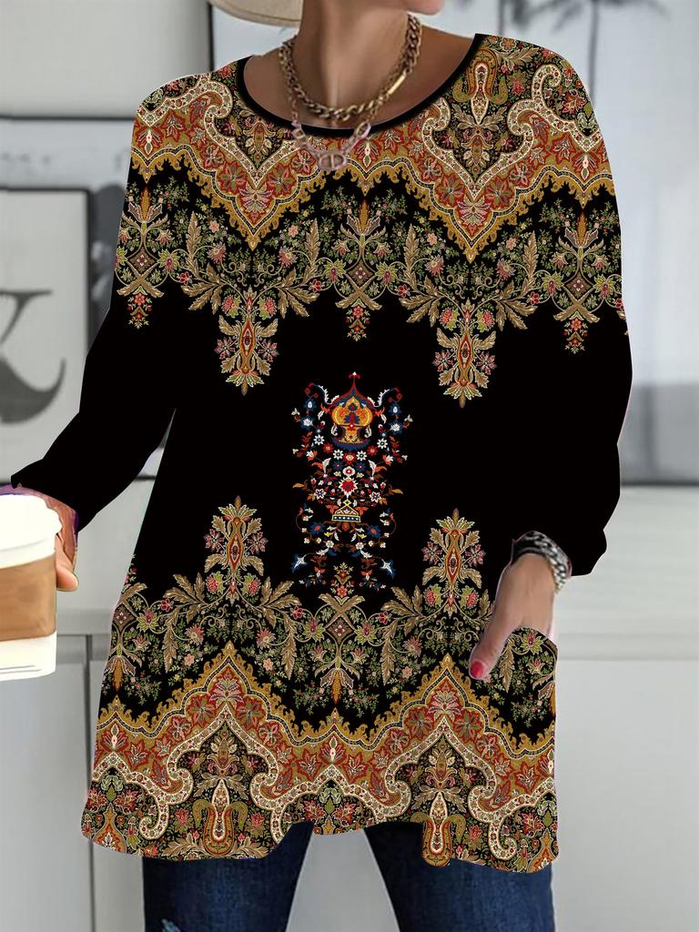 2025 Autumn Winter New Plus Size Women's Tops, Minimalist 3D Print Fashion Crew Neck Long Sleeve T-Shirts