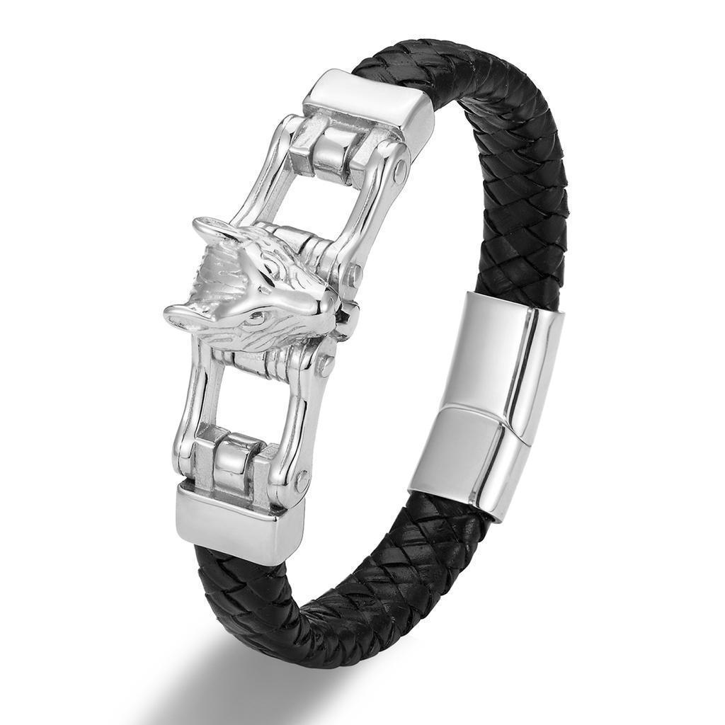 New Punk Design Gold Color Animal Genuine Leather Bracelet Men Female Stainless Steel Lion Wolf Leopard Bangle Wristband Jewelry