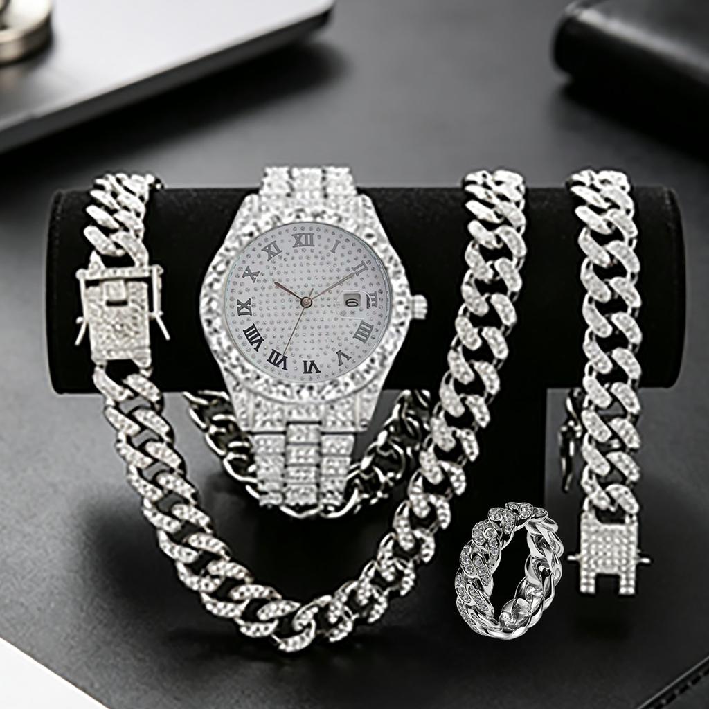 Full Diamond Hip Hop Exaggerated Large Dial Watch Colorful Explosive Unisex Quartz Watch Set