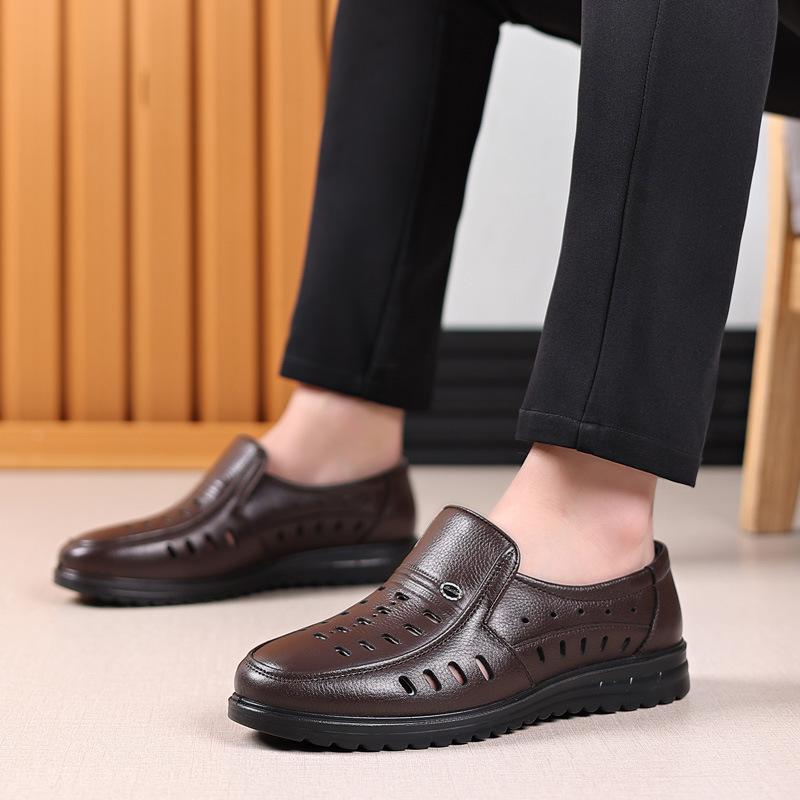 Summer Hollow Leather Shoes Men's Leather Casual Men's Leather Sandals One Pedal Middle-aged and Elderly Father Shoes Hole Shoes