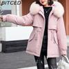 BITCED Women's Winter Mid-Length Cotton Coat with Fleece Lining, Large Fur Collar, Plus Size, Short Waist-Defining Jacket