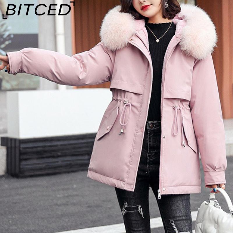 BITCED Women's Winter Mid-Length Cotton Coat with Fleece Lining, Large Fur Collar, Plus Size, Short Waist-Defining Jacket