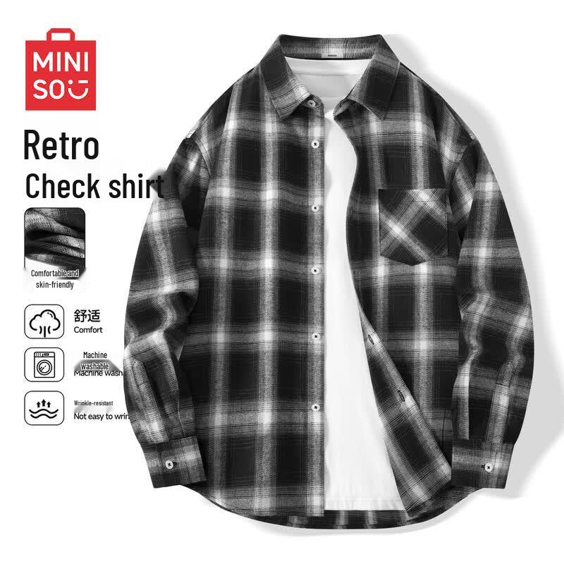 MINISO Men's Retro Plaid Long-Sleeve Lapel Shirt