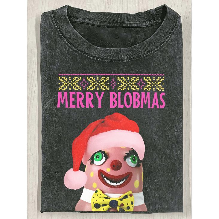Men'S Mr Blobby Christmas 230G Washed T-Shirt - Oversized Retro TV Show Costume Tee with Iconic Pink & Green Blobby Print, Short Sleeve Casual Shirt