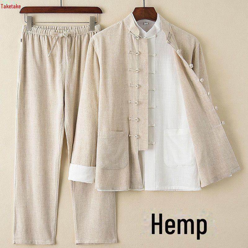 Костюм Тан Весна-Лето: Хлопково-льняной костюм-тройка в китайском стиле с воротником-стойкой на пуговицах