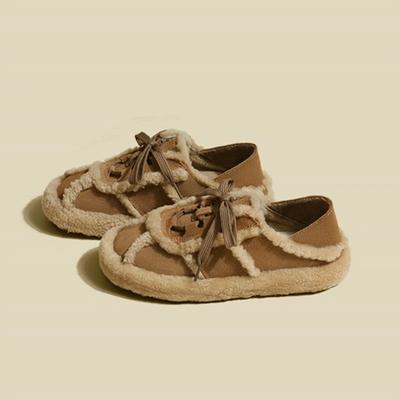 Женские повседневные тапочки 2024 года из искусственного пуха с флисовой подкладкой, на шнуровке, подходящие ко всему, в стиле «горох»