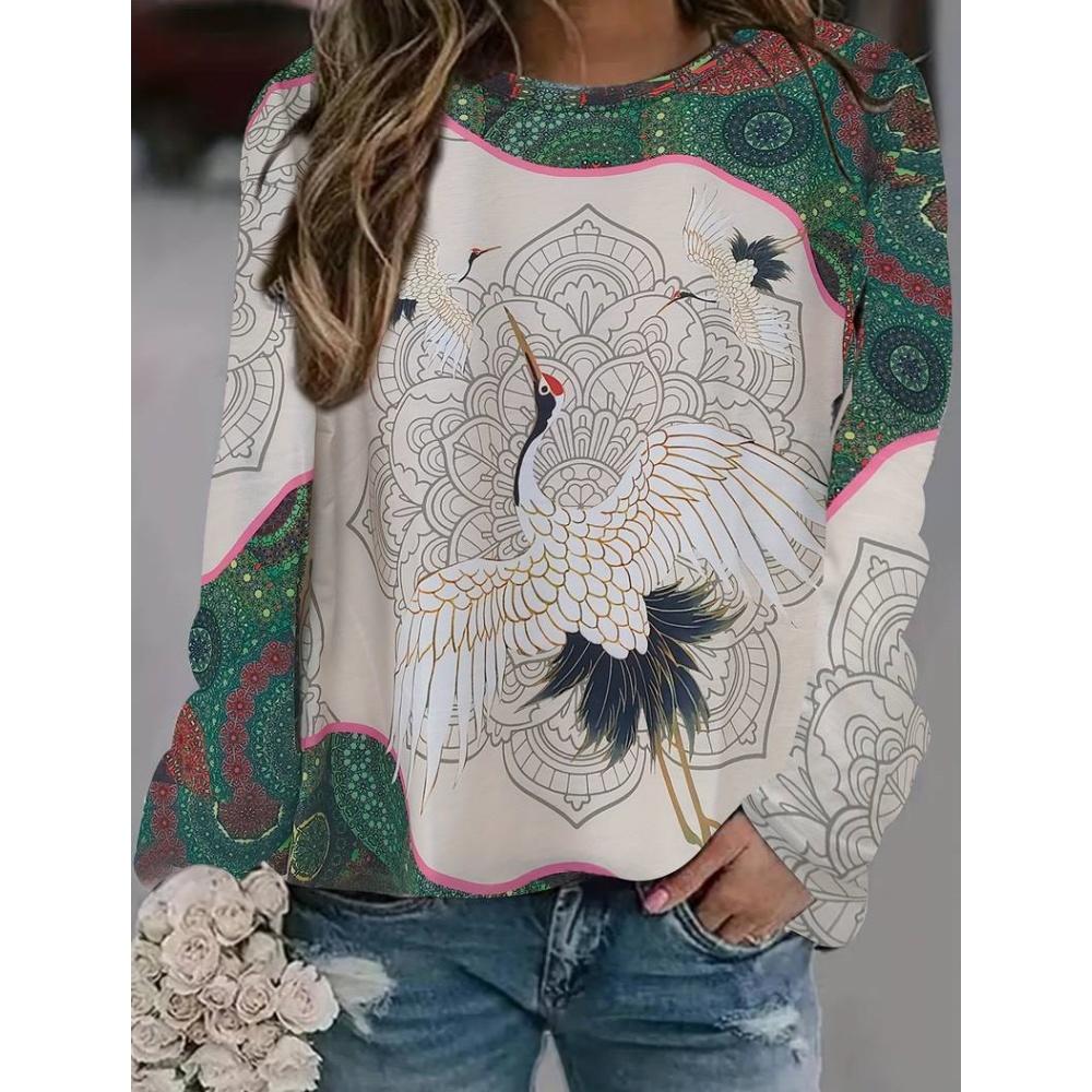 Женские футболки осень/зима с принтом животных, длинные рукава, имитация хлопка, футболка с круглым вырезом, свободные топы больших размеров, одежда 2024