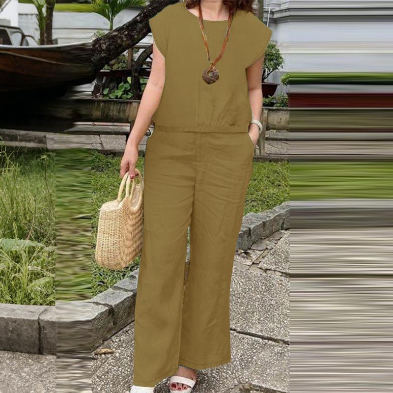 ZANZEA Женский летний комплект из двух частей: блузка с коротким рукавом и брюки