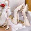Autumn  Ladies High Heels Pointed Toe Shaped Heel High 7cm Wedding Shoes Square Buckle Travel Banquet Shoe High Heels