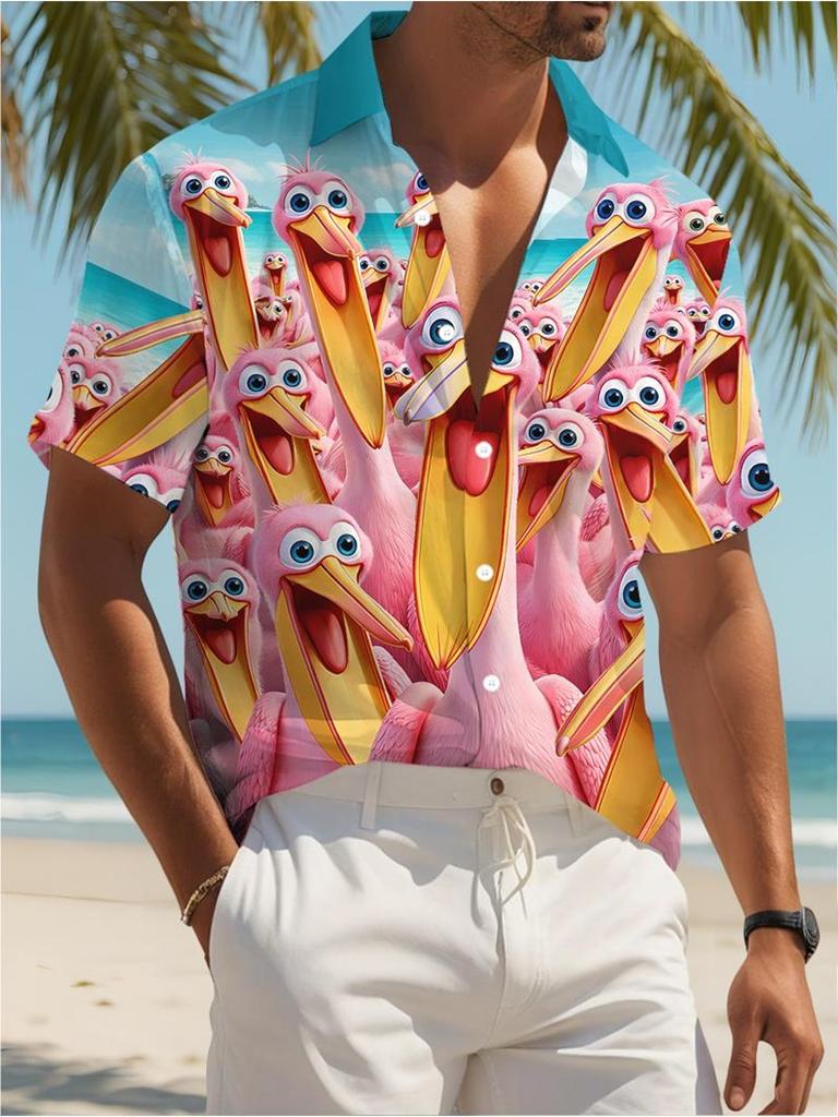 Men's Casual Short - Sleeved Shirt, Size: Multiple Specifications Available, Made of Polyester, with Cartoon - Style Pink Pelicans Pattern, Suitable