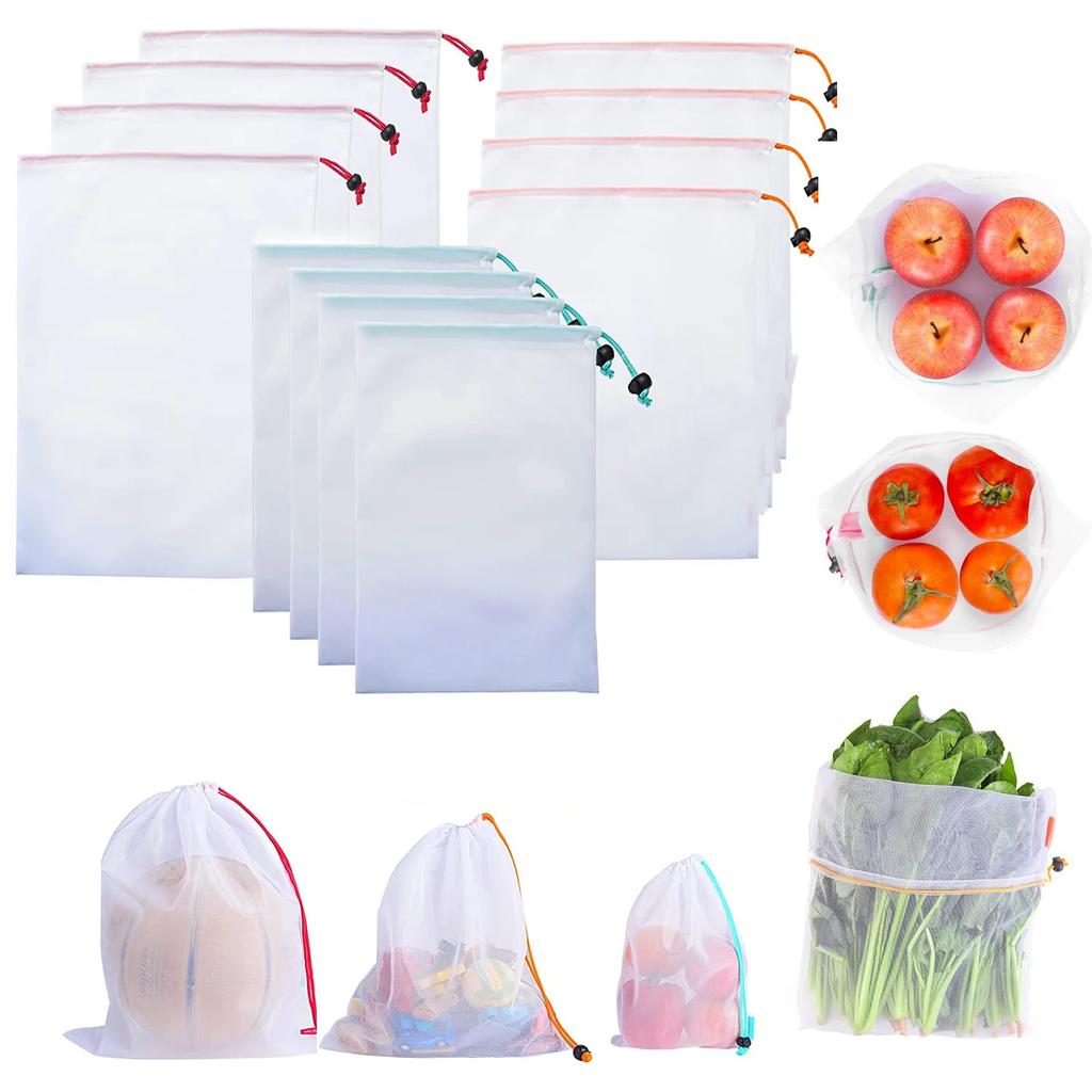 5pcs/set Reusable Produce Mesh Bags Eco Friendly Fruit Vegetable Bags for Kitchen Storage Net Merchandise Bags with Drawstring