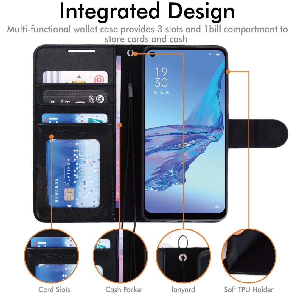 Leather Wallet Case for Oppo A53 / A32, Flip Protective Case Cover with Wallet Card Holder, Stand & Wrist Strap