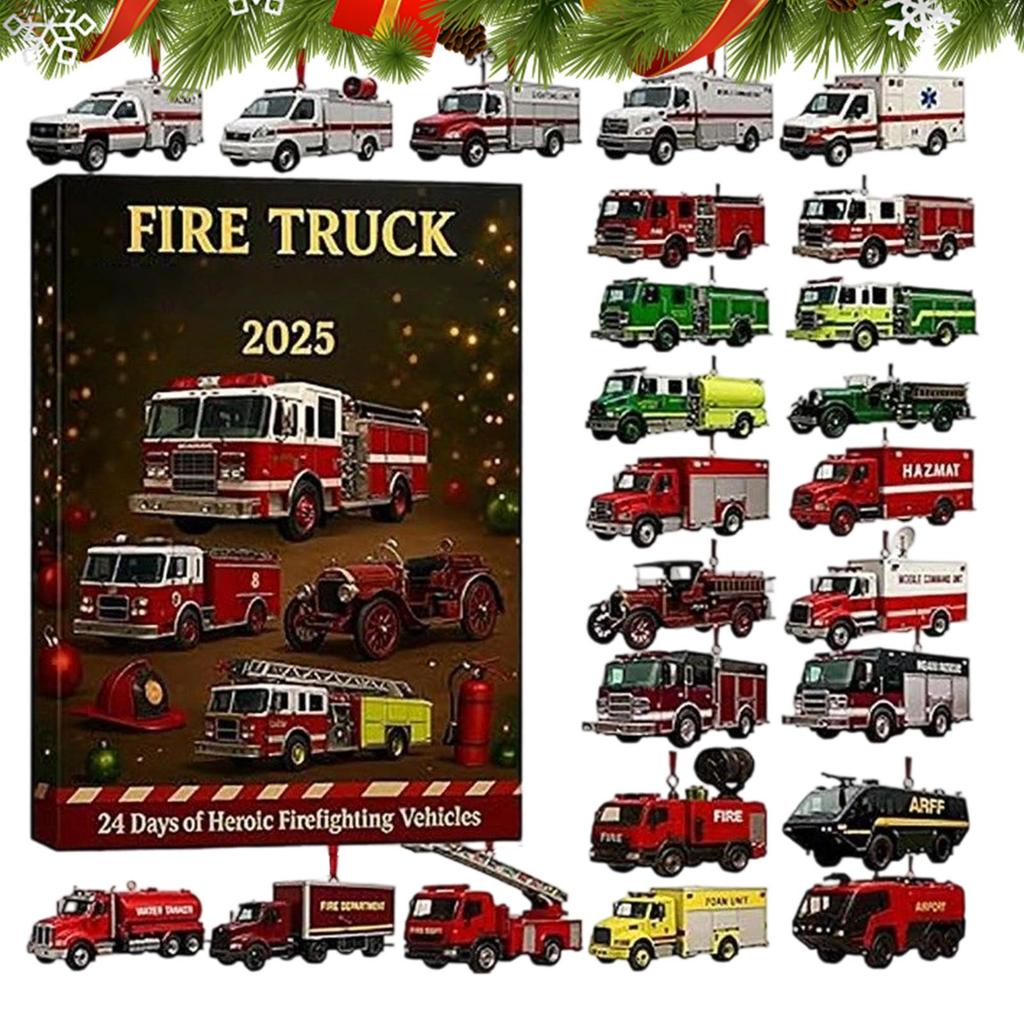 Fire Truck Advent Calendar 2025, 24 Days of Christmas Advent Calendar Boxes, 2D Flat Fire Engines, Ladder Trucks, Rescue Units, Vehicles Set Gift