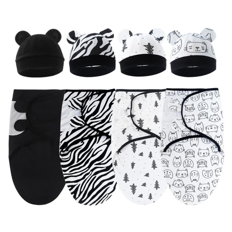 4 Комплекта Детских Пеленок-Коконов, Оберточных Одеял с Шапочкой-Капором, Спальные Мешки, Одеяла против Переворачивания, Пеленки для Малышей 0-12 Месяцев