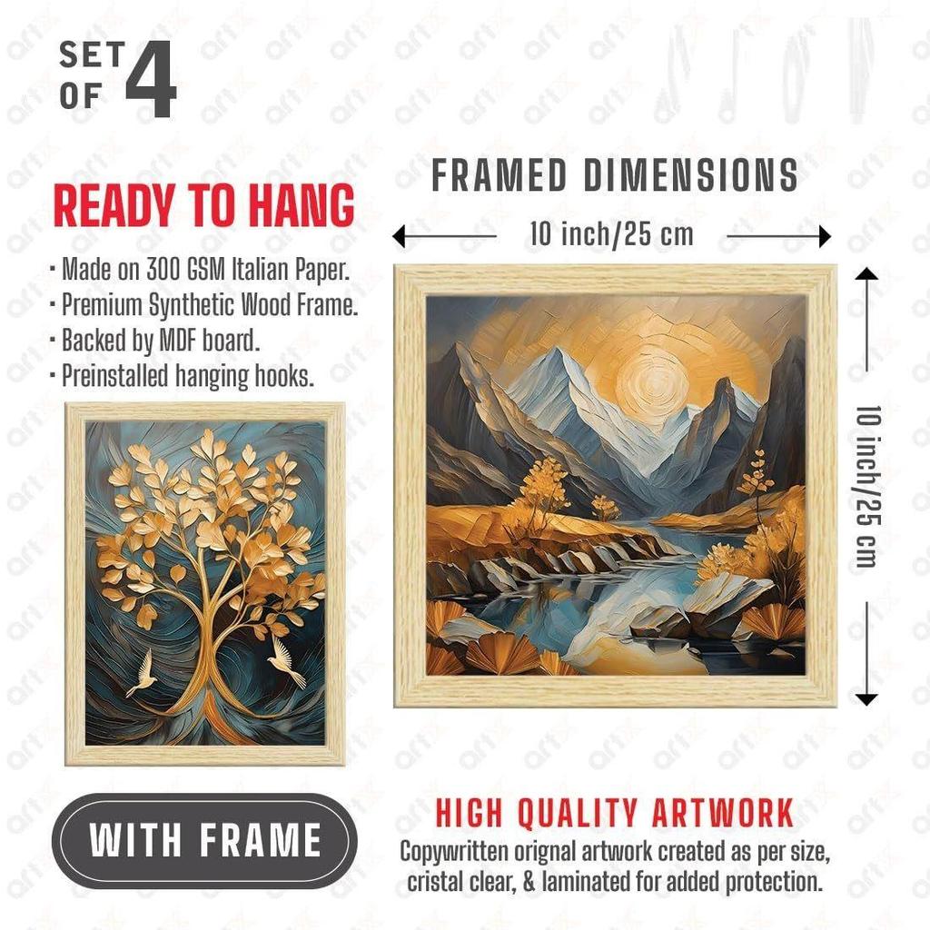 Paper Golden Deer Sunrise Scenery Flower Tree Art Paintings with Frame for Home Decor, Multicolor, Natural Wood Color Frames, Set of 4