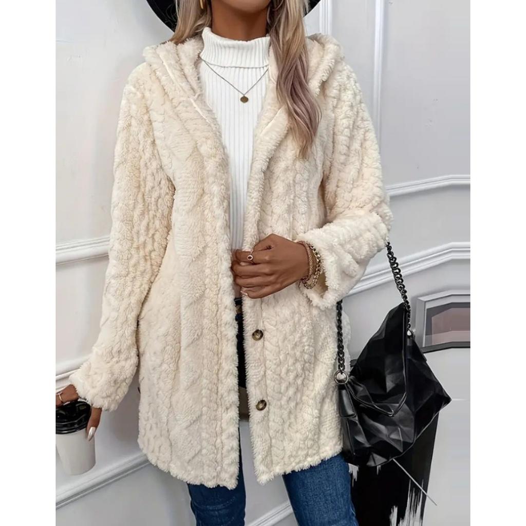 Autumn and Winter Hooded Solid Color Cardigan Button Long Sleeved Casual Fleece Jacket