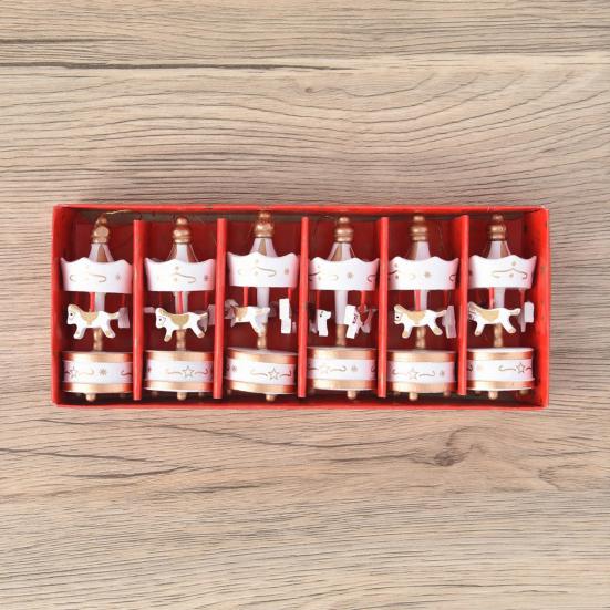 6Pcs Wooden Carousel Christmas Ornament Xmas Tree Hand-painted Merry-Go-Round Hanging Decoration Home Office Holiday Party Pendant