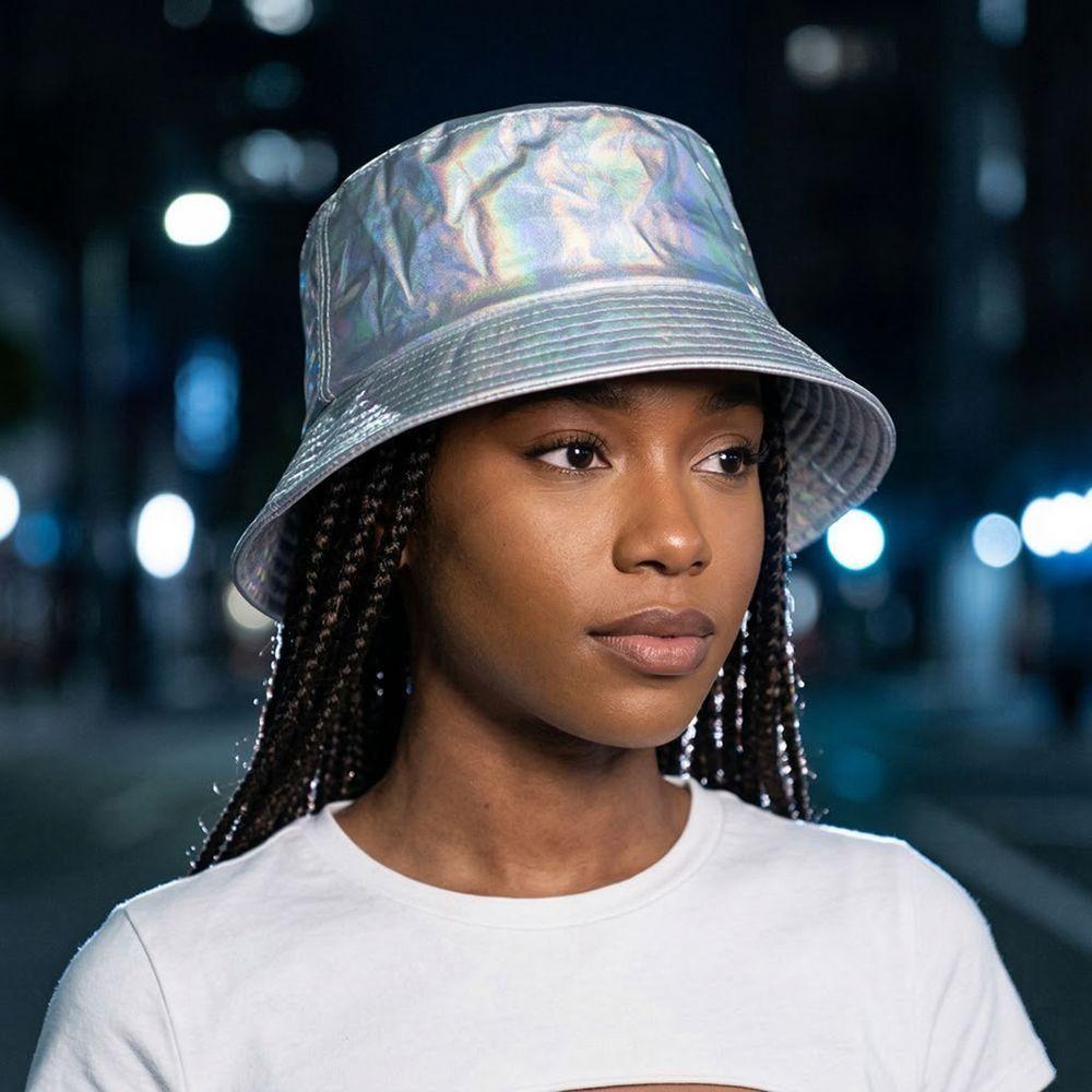 Leather Luminous Bucket Hat Single Sided Solid Color Laser Rainbow Fisherman Hat Silver Gold Shiny Sun Cap Stage Performances