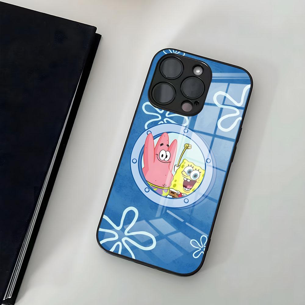 Мультяшный чехол для телефона Губка Боб Для IPhone 17 Air 16 15 14 Pro 13 11 12 XR XS ProMAX 7 8 Plus Стеклянная крышка