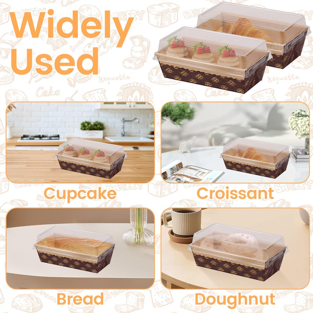 25Pcs Paper Baking Pan Reusable Paper Mini Loaf Pan with Lid and Fork Stackable Rectangular Paper Pan Mold Bread Cake Box