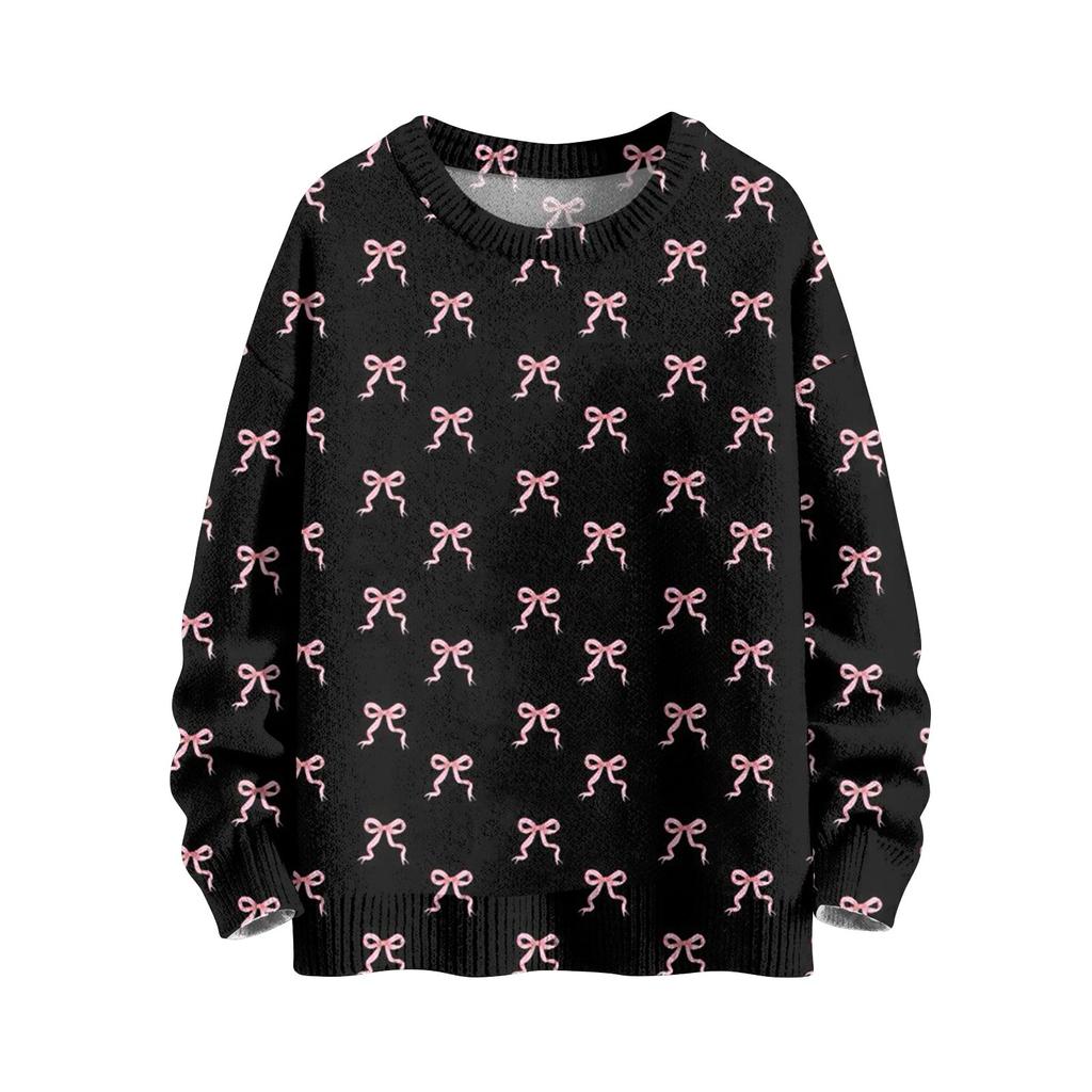 Женская мода повседневный длинный рукав бант принт милый ворот шерстяной трикотажный пуловер топ