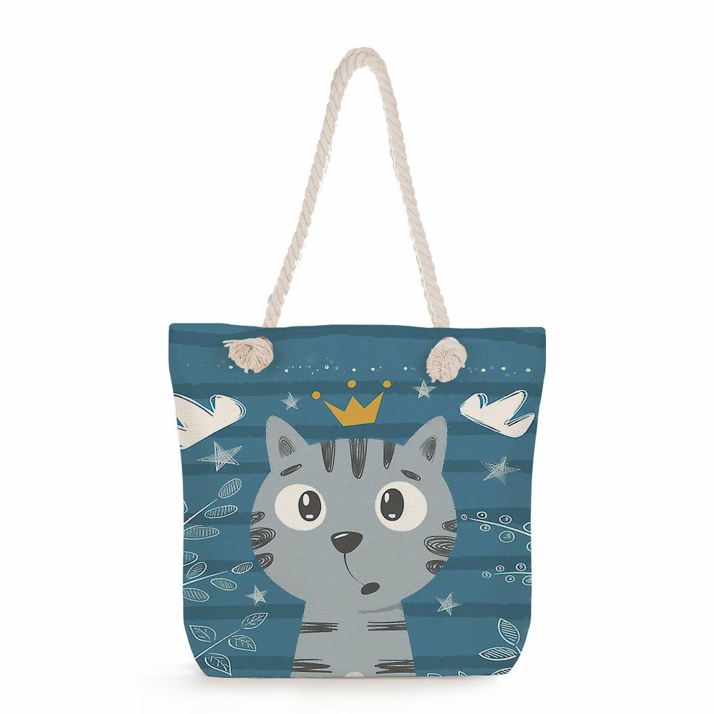 Cartoon cat print thick rope single-shoulder beach bag 7252
