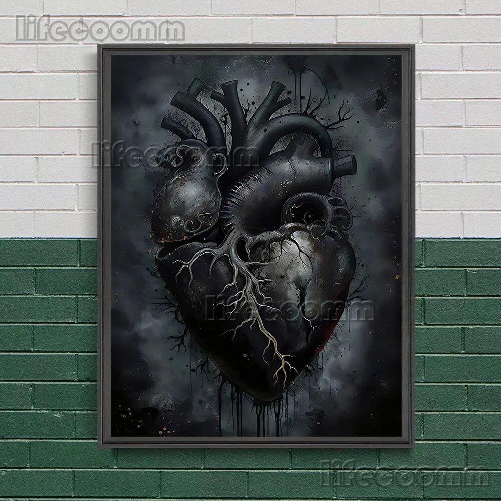 Черное сердце с кинжалом, винтажный настенный художественный постер, ботанический цветочный череп и готический мотылек, холст, картина, темный декор в стиле Cottagecore, без рамки