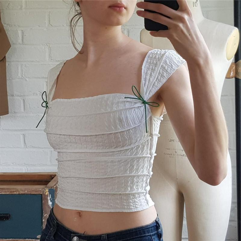 WTEMPO Y2K Folds Bow Cropped Tops Cute Square Collar Short Sleeve T-Shirt Retro Harajuku Basic French Tee Lady Elegant Chic Tops